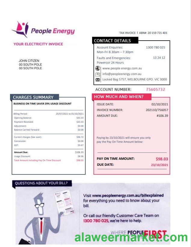 Australia People Energy electricity utility bill